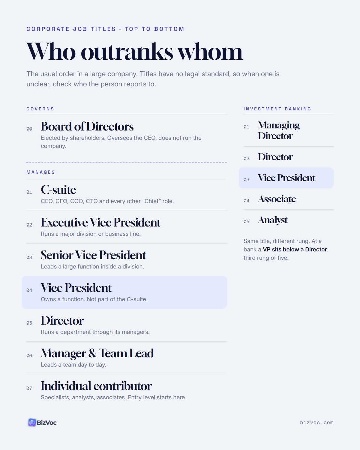 Corporate job title hierarchy from the Board of Directors and C-suite down to individual contributor, with the investment banking ladder where a VP ranks below a Director