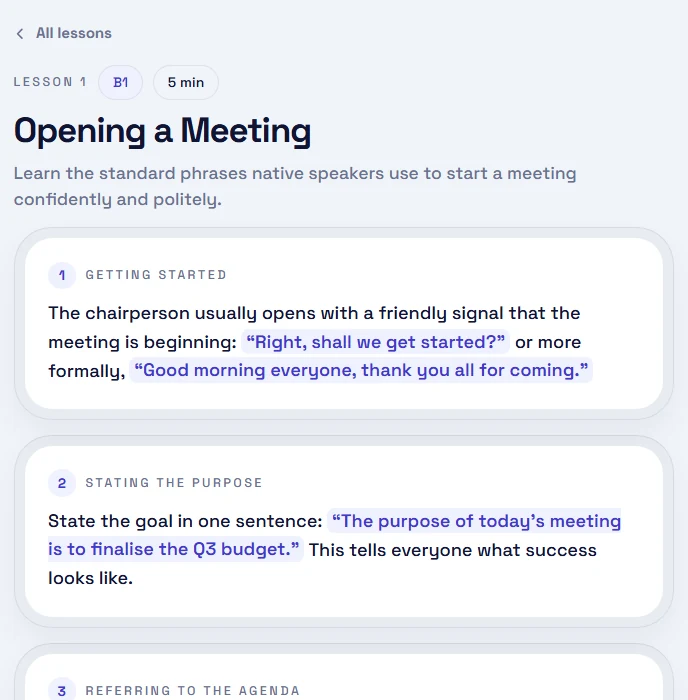 Lesson 1, Opening a Meeting: phrases for starting a meeting