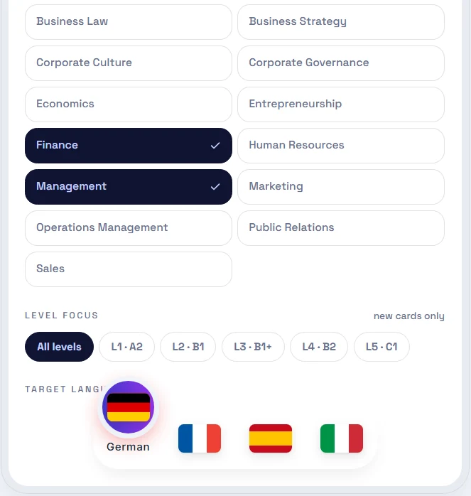 Session options: Finance and Management selected among 15 categories, a level filter from L1 A2 to L5 C1, and flags for German, French, Spanish and Italian